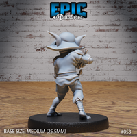 Goblin sorcerer from behind showing wide-brimmed hat, rounded hunched back, shoulder armour, wrapped legs and a holstered blunt weapon at the hip. Sculpt by Epic Miniatures.