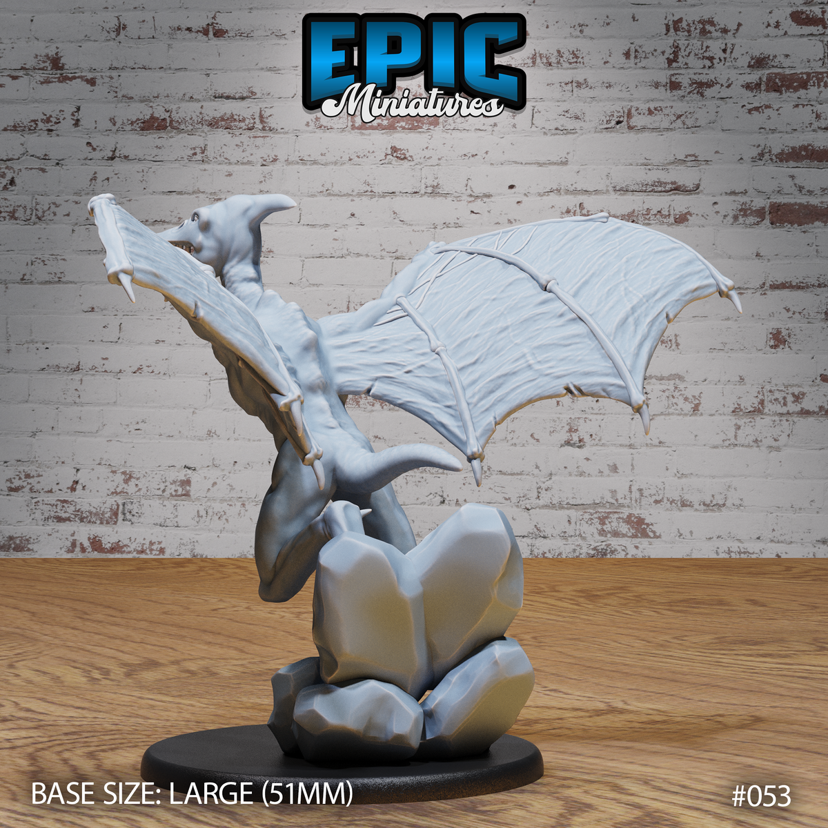 Pterafolk sculpt viewed from behind, wings outstretched with detailed membrane vein structure, horned head turned to one side, crouched on a chunky rock formation base. Sculpt by Epic Miniatures.