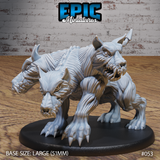 Two-headed skinless Cerberus, both heads raised with fangs bared, heavily muscled frame low to the ground, dorsal spines along the back, clawed feet splayed on a large oval base. Sculpt by Epic Miniatures.