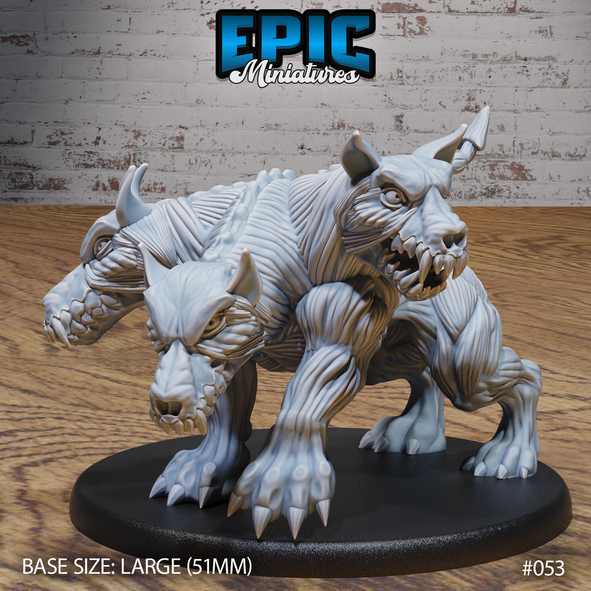 Two-headed skinless Cerberus, both heads raised with fangs bared, heavily muscled frame low to the ground, dorsal spines along the back, clawed feet splayed on a large oval base. Sculpt by Epic Miniatures.