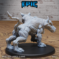 Skinless Cerberus viewed from the side, powerful haunches and layered muscle striations fully visible, one head thrust forward with jaws open, the other turning away, tail raised, mounted on a large oval base. Sculpt by Epic Miniatures.