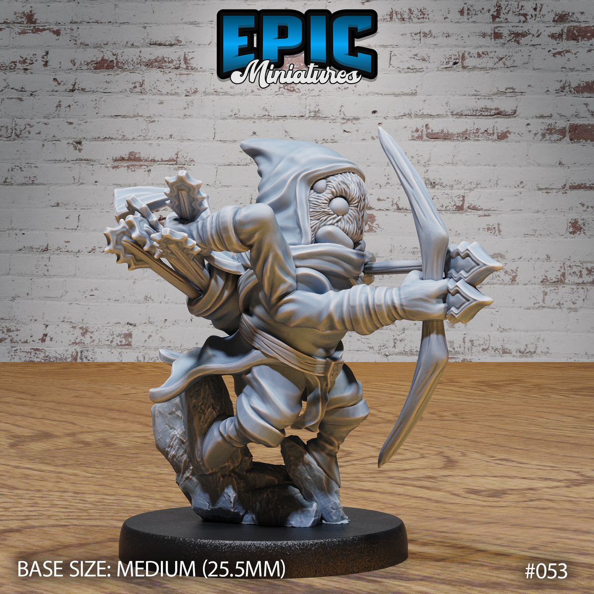 Spider folk assassin crouching with a crossbow extended forward in one hand and a bolt-laden quiver clutched behind, wearing a billowing hood that frames a round, compound-eyed face. Sculpt by Epic Miniatures.