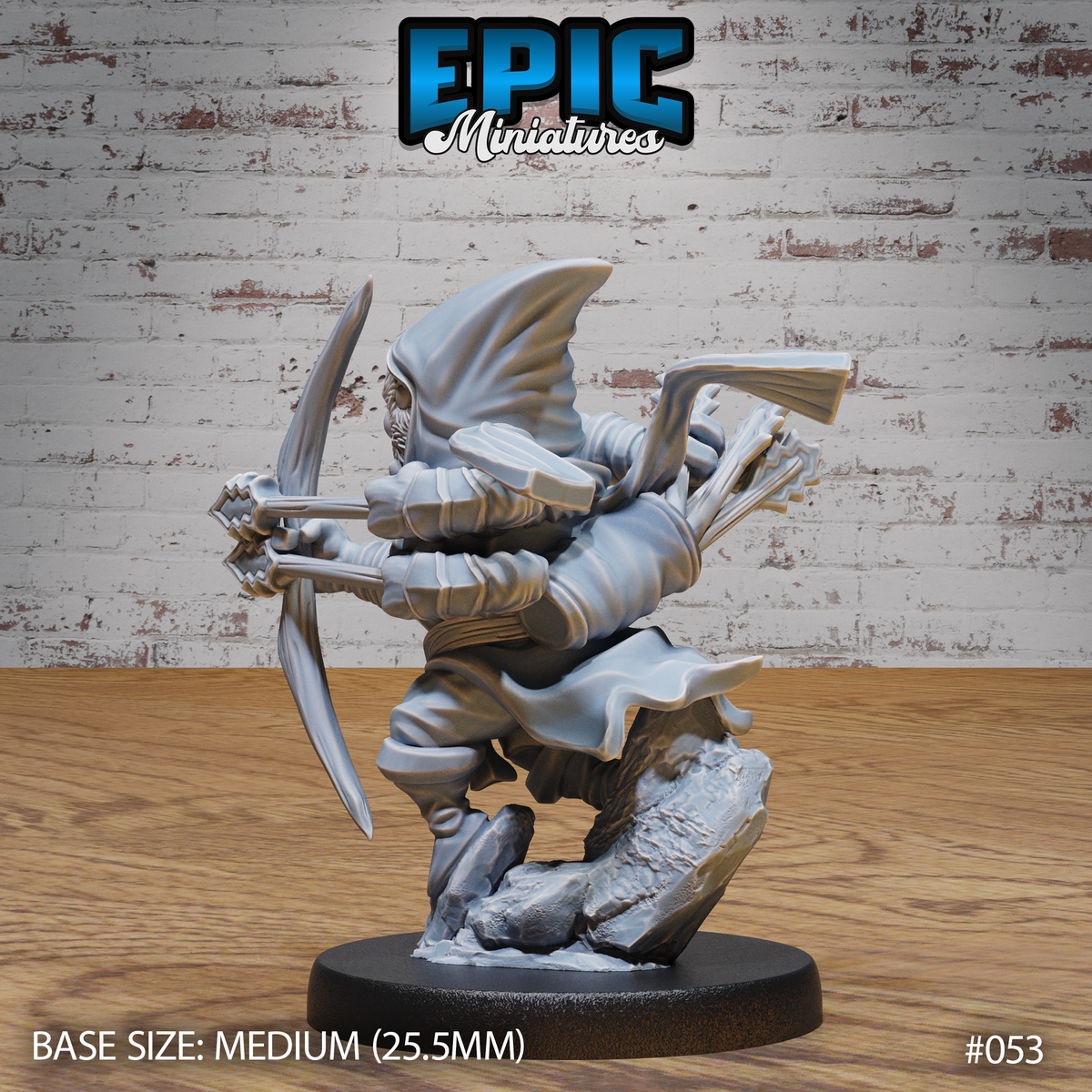 Spider folk assassin viewed from behind, crossbow raised and aimed forward, quiver of bolts visible across the back beneath a flowing hooded cloak, perched on a rocky scenic base. Sculpt by Epic Miniatures.