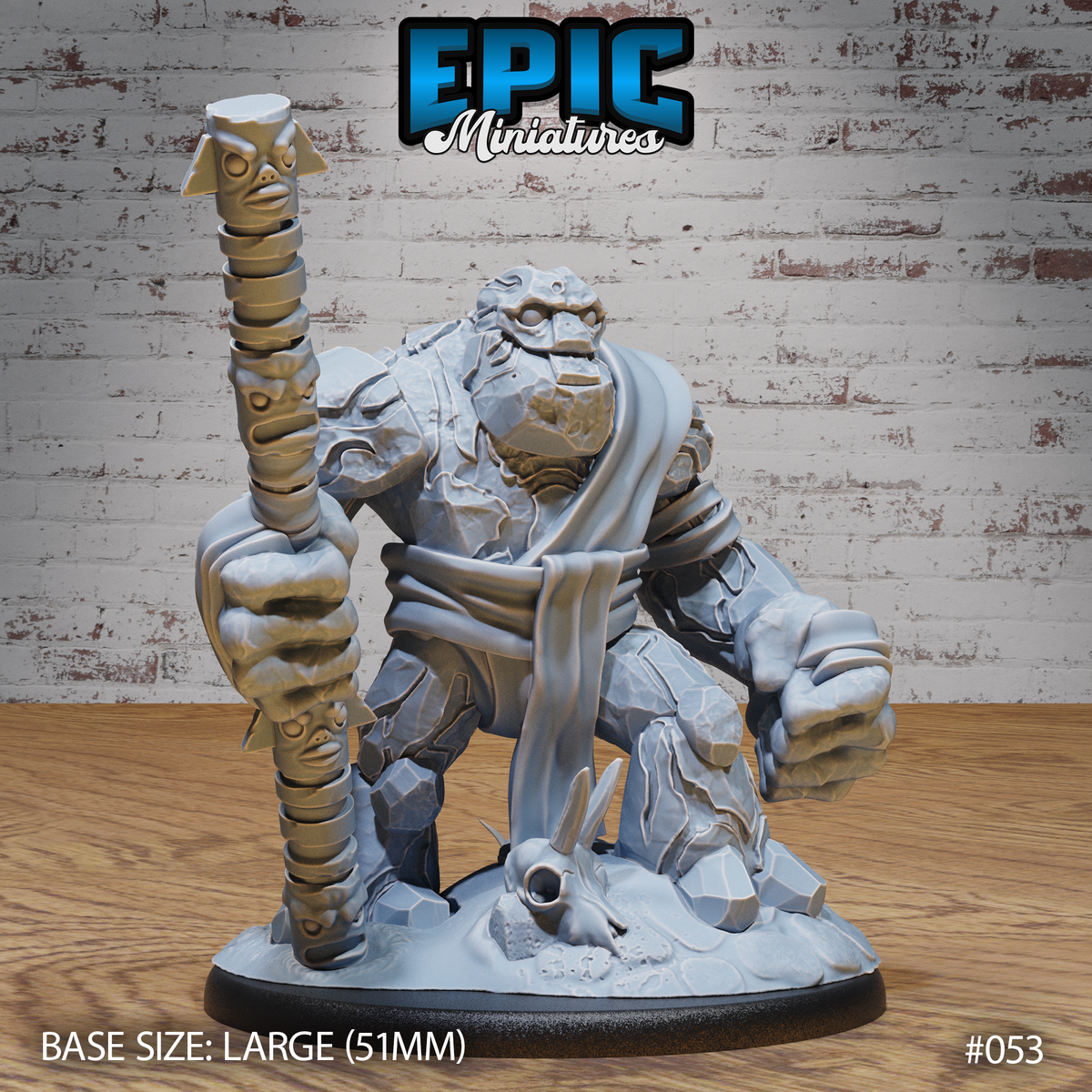 Massive stone golem crouching forward with fists clenched, raising a tall staff carved with stacked faces and masks. Rocky cracked body with cloth wrappings. Skull and debris on base. Sculpt by Epic Miniatures.