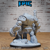 Stone golem standing upright from behind, broad rocky back and thick limbs visible, staff with carved face totem raised high in one hand, skull detail on the base. Sculpt by Epic Miniatures.