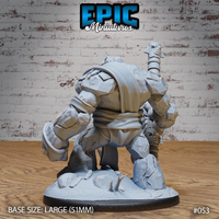 Stone golem standing upright from behind, broad rocky back and thick limbs visible, staff with carved face totem raised high in one hand, skull detail on the base. Sculpt by Epic Miniatures.