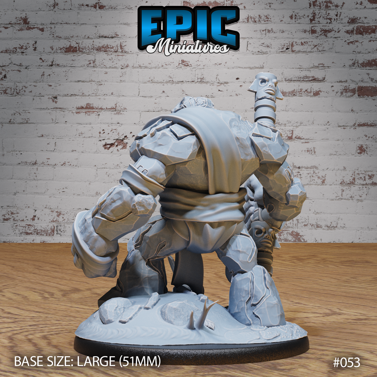 Stone golem standing upright from behind, broad rocky back and thick limbs visible, staff with carved face totem raised high in one hand, skull detail on the base. Sculpt by Epic Miniatures.