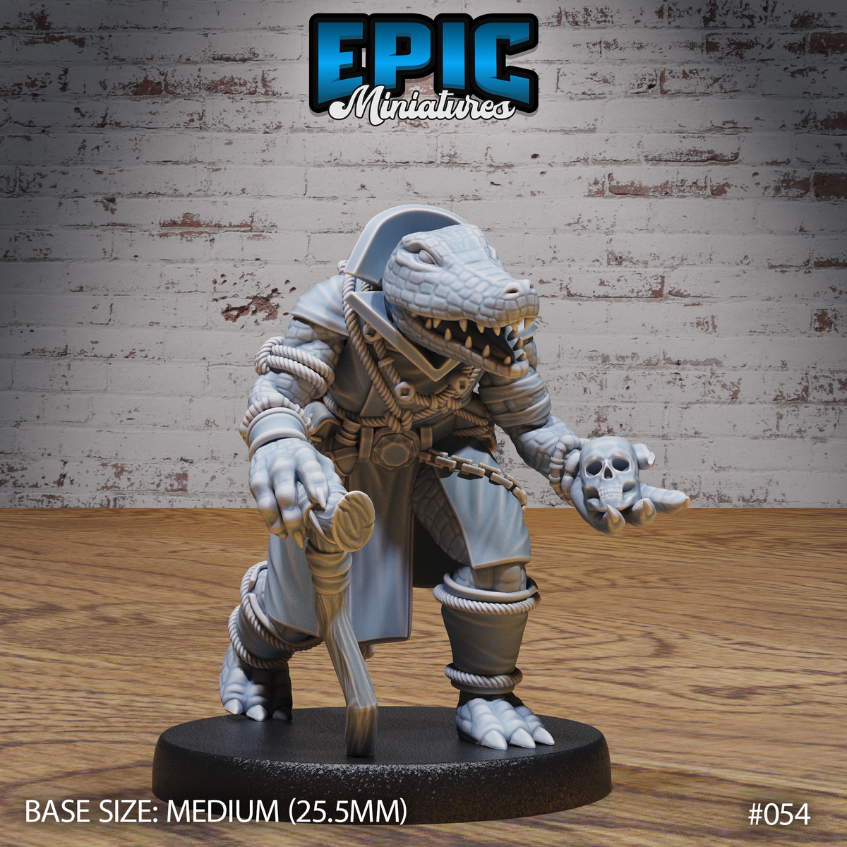 Alligator folk miniature crouching in a long coat and tricorn cap, jaws open wide, holding a human skull in one outstretched clawed hand, ropes and chains wound around the body. Sculpt by Epic Miniatures.