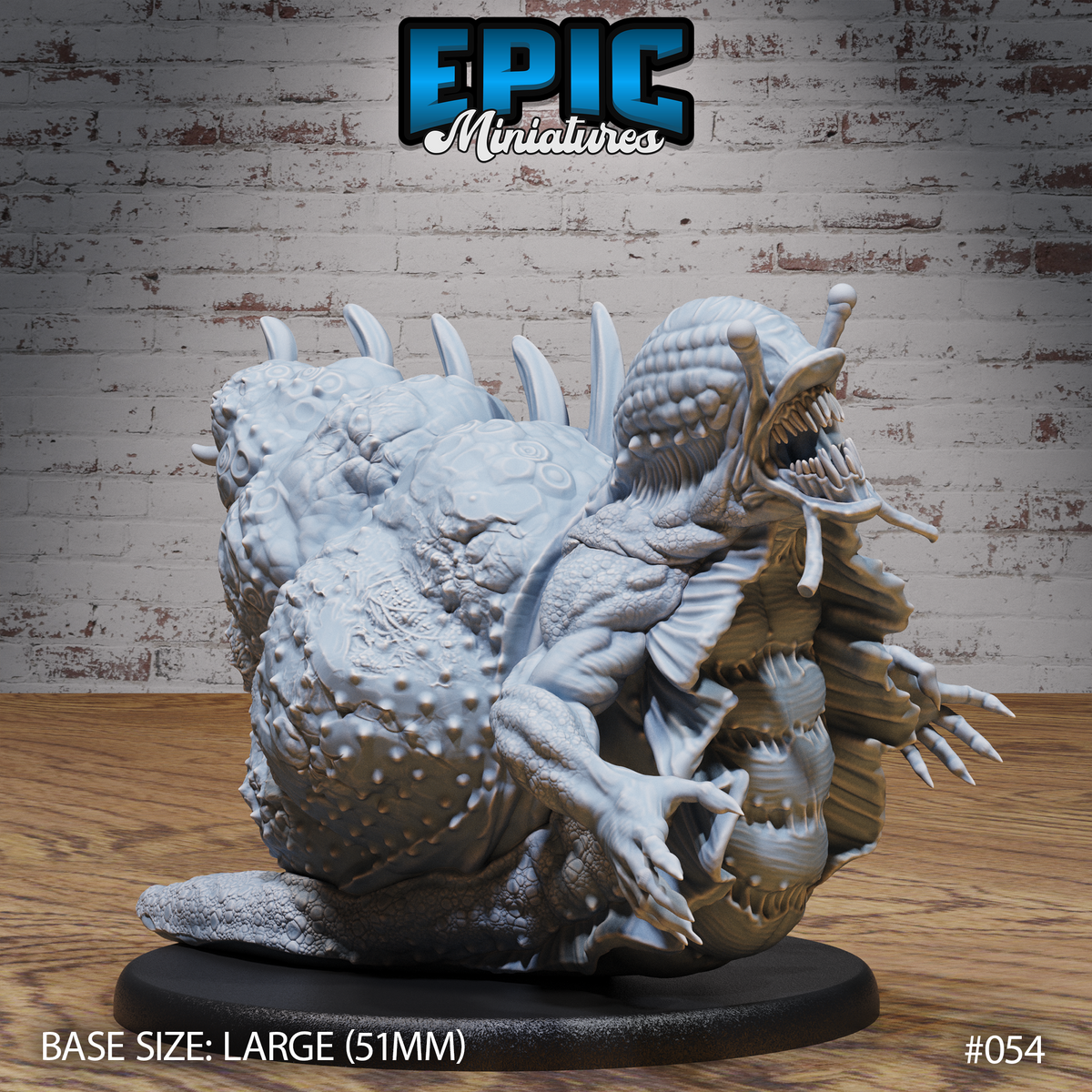 Carrion Snail miniature by Epic Miniatures — front-facing view showing the wide-open primary maw lined with recurved teeth, sensory stalks, frilled appendages, and grasping clawed limbs beneath. Mounted on a large oval base.