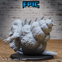 Carrion Snail miniature by Epic Miniatures — rear view revealing the broad warty back covered in ridged dorsal spines, coiled markings, and clusters of pustules across a heavily textured hide. Tail visible at the base.