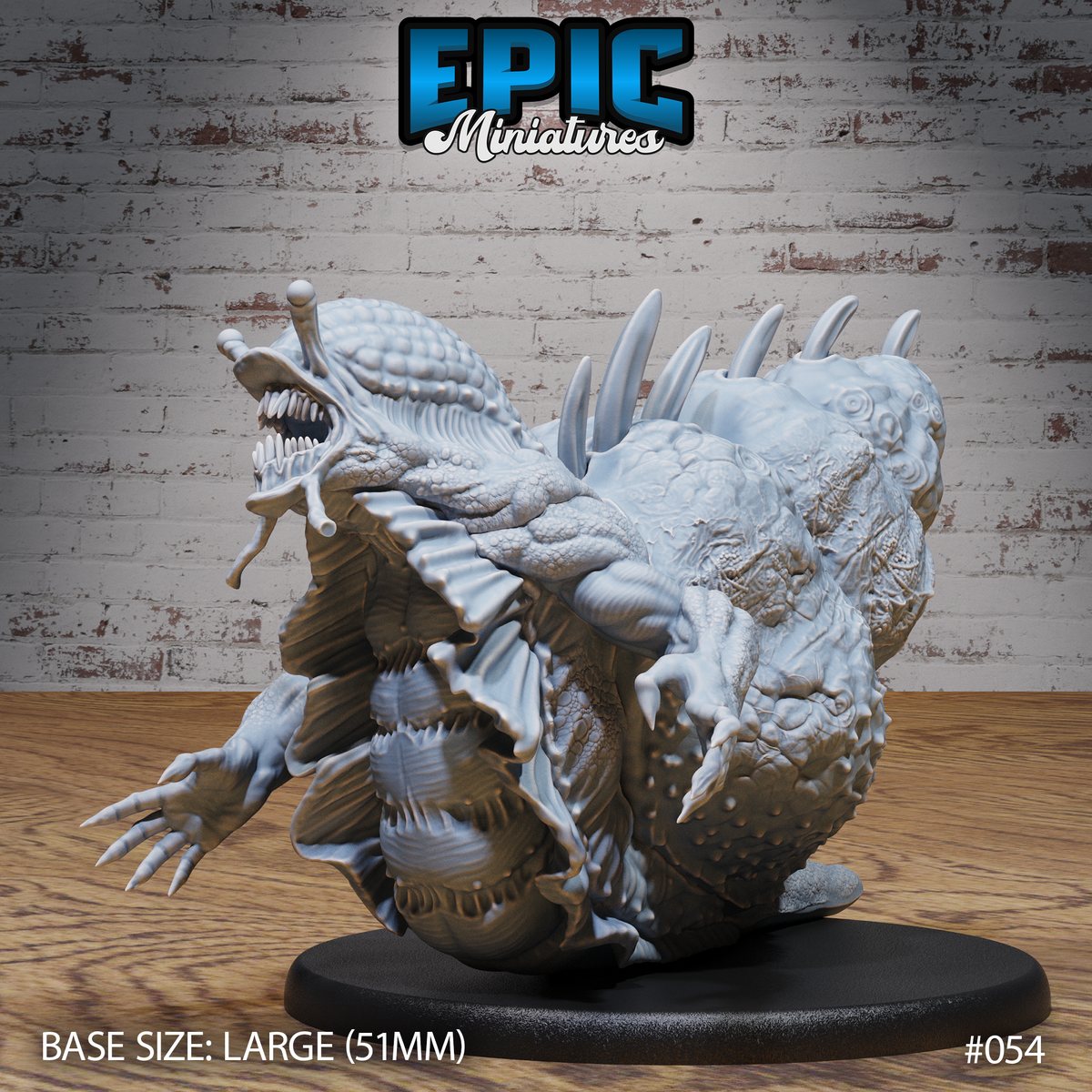 Carrion Snail miniature by Epic Miniatures — showing the creature's underside and secondary cluster of toothed mouth-like structures beneath the chin, frilled flesh, and reaching clawed limbs, with the primary maw open at upper left.