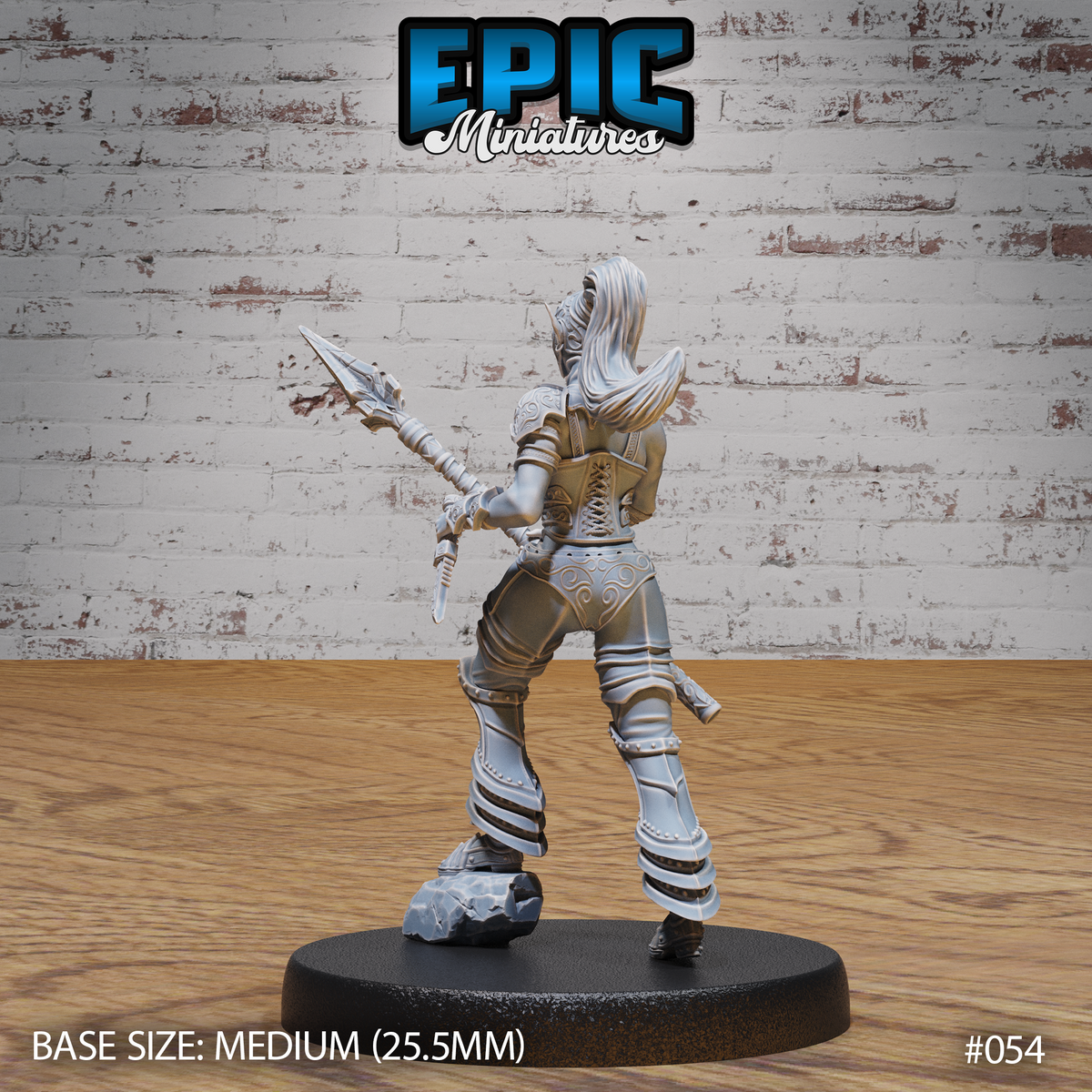 Drow female gladiator seen from behind, spear raised and angled outward, long hair flowing free over a laced corset back, ornate scroll-work visible on pauldrons and hip plates. Sculpt by Epic Miniatures.