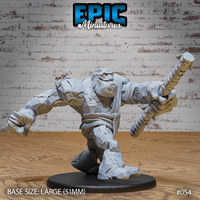 Stone golem lunging forward aggressively, one fist clenched low and the other arm raised overhead gripping a skull-decorated spiked club. Heavily faceted rocky body with deep fissures and a wrapped cloth sash across the torso. Sculpt by Epic Miniatures.