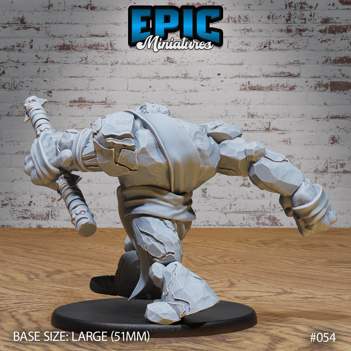 Stone golem viewed from behind and side, torso pitched low in a charging stance, club raised in one hand with skull ornaments visible along its length. Deep angular rock texture covers the shoulders and legs with a tattered sash across the back. Sculpt by Epic Miniatures.