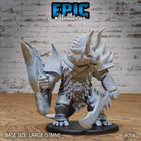 Stocky triceratops folk warrior holding a broad-bladed sword and a crescent-headed axe, wearing layered scale-plate armour with a geometric belt buckle, three curved horns sweeping back from a ridged bony frill. Sculpt by Epic Miniatures.