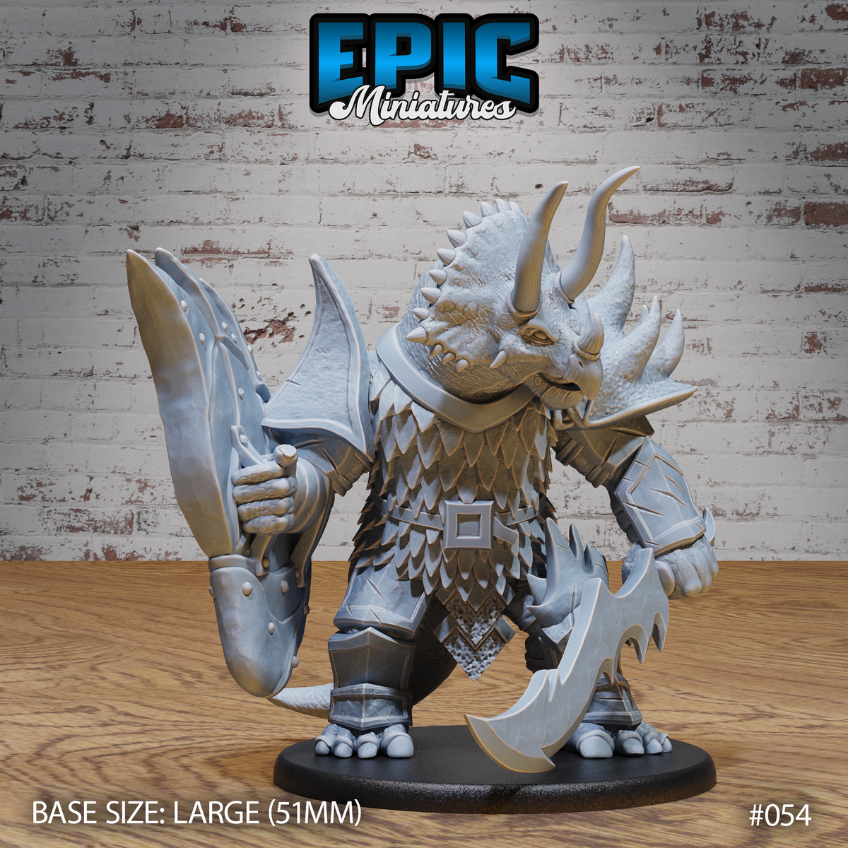 Stocky triceratops folk warrior holding a broad-bladed sword and a crescent-headed axe, wearing layered scale-plate armour with a geometric belt buckle, three curved horns sweeping back from a ridged bony frill. Sculpt by Epic Miniatures.