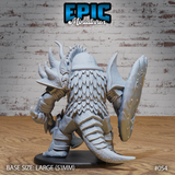Triceratops folk warrior seen from behind, revealing a sweeping tail, full-coverage scale-plate armour with overlapping feather-like segments, articulated elbow guards, and a large crescent axe held at the side. Sculpt by Epic Miniatures.
