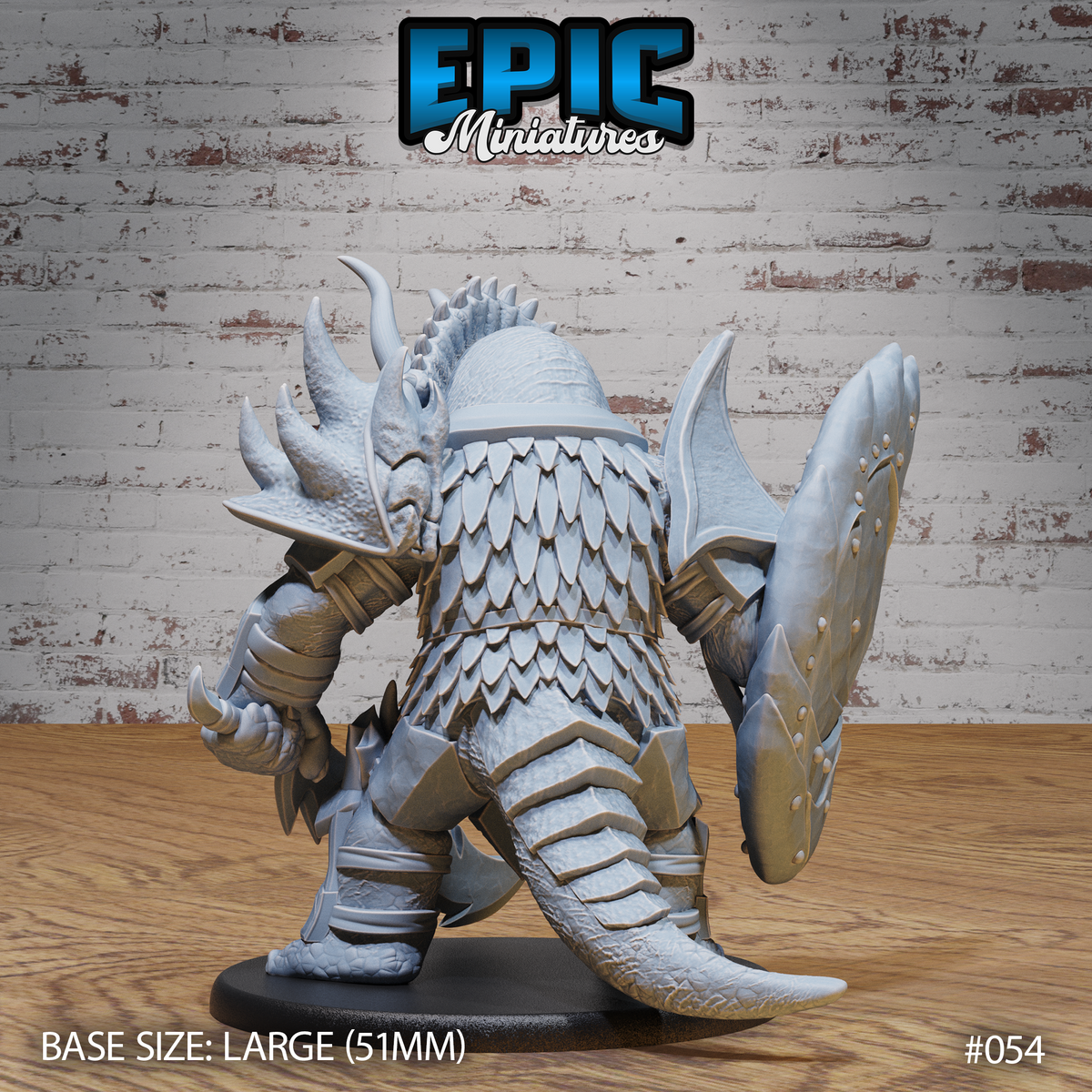 Triceratops folk warrior seen from behind, revealing a sweeping tail, full-coverage scale-plate armour with overlapping feather-like segments, articulated elbow guards, and a large crescent axe held at the side. Sculpt by Epic Miniatures.
