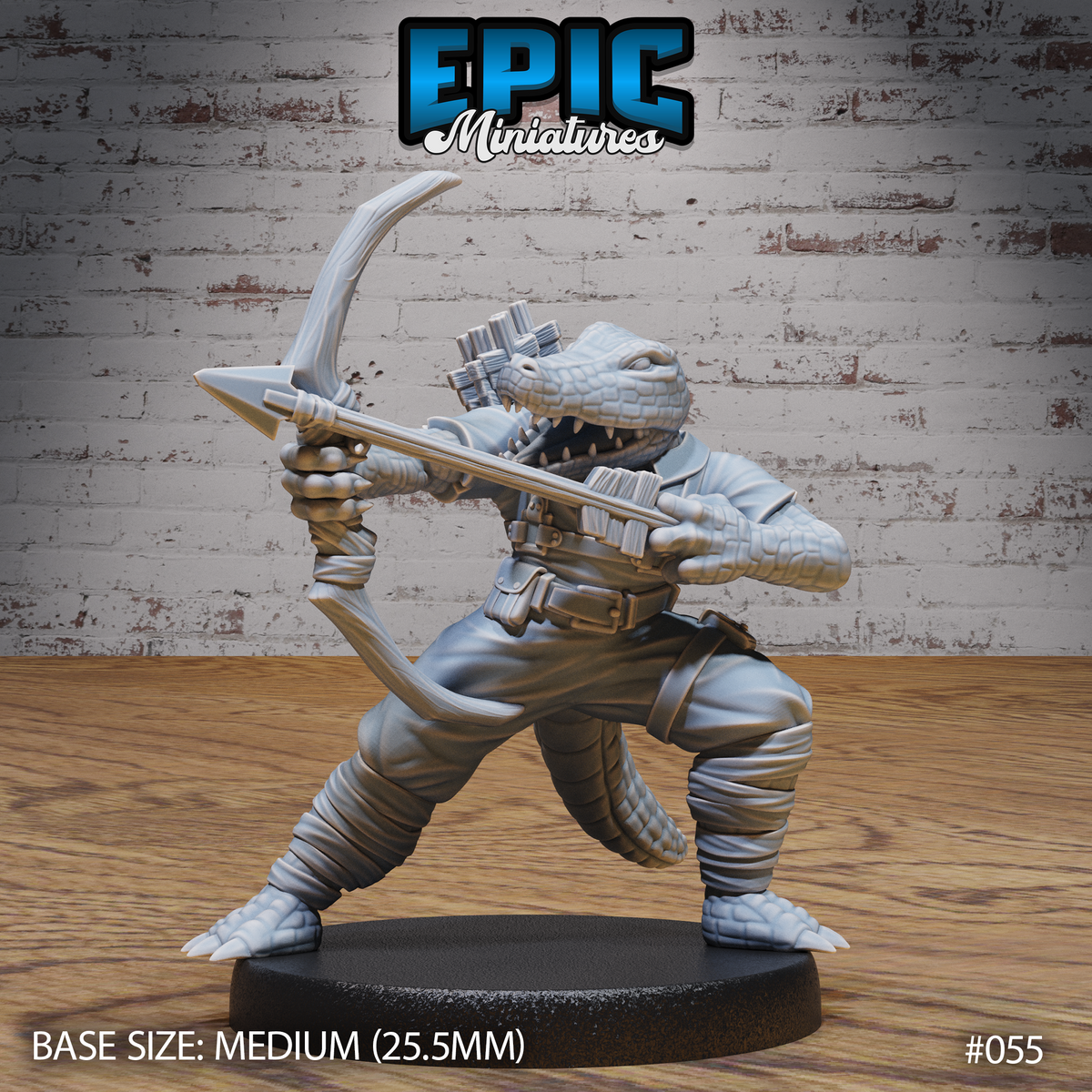 Alligator folk archer drawing a shortbow, wide stance with tail extended behind, wearing cloth wrappings and crossed chest straps with a packed quiver at the shoulder. Sculpt by Epic Miniatures.