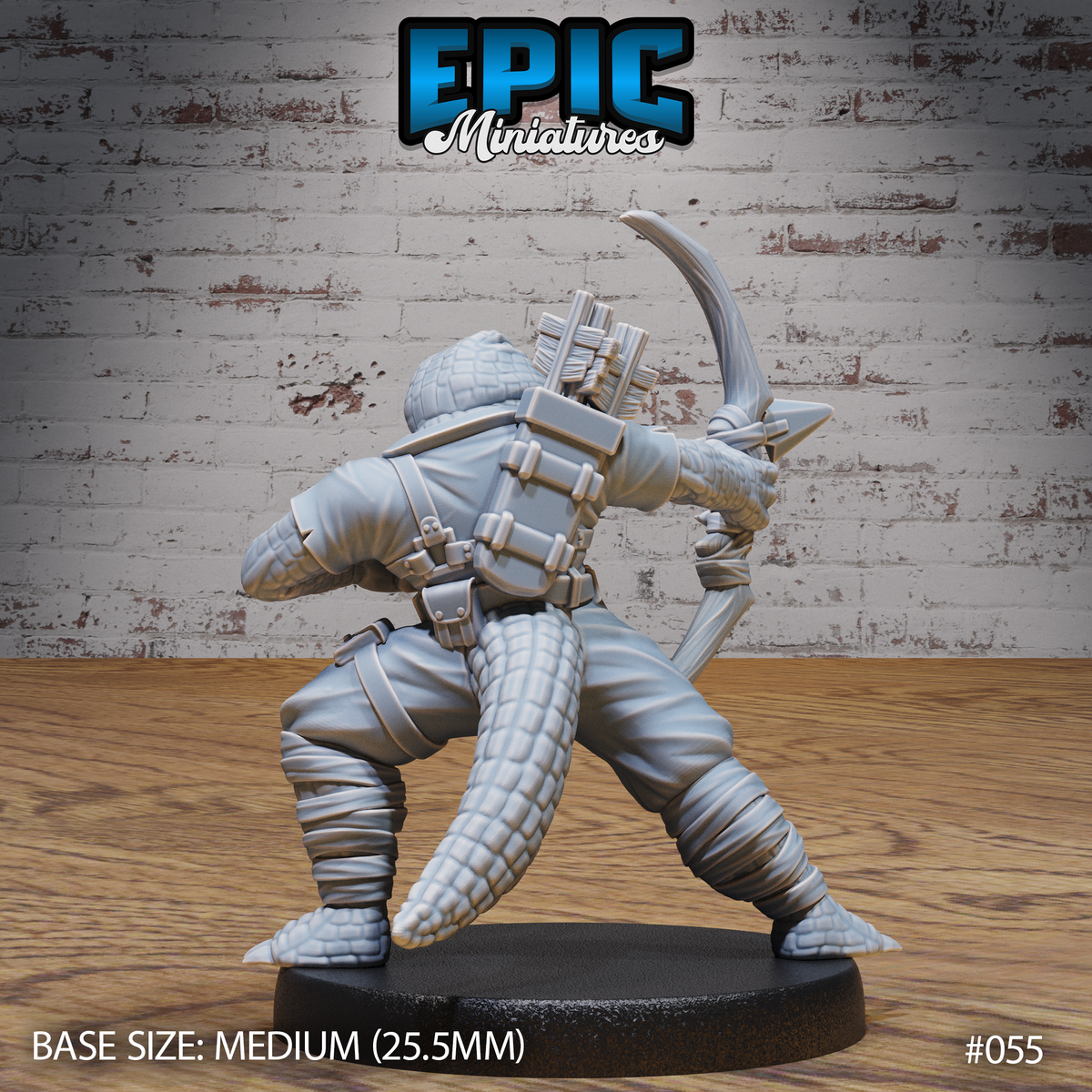Alligator folk archer seen from behind, tail and scaled back detail visible, shortbow raised and drawn, harness straps and pouches across the torso clearly shown. Sculpt by Epic Miniatures.