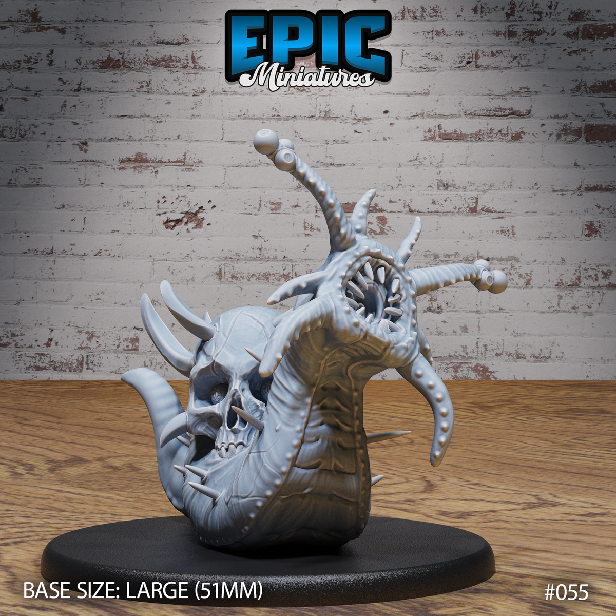 Bloated slug-like creature with a horned demon skull as its shell, ringed tooth-filled maw gaping open, and multiple tentacles tipped with ball-like nodes rising from its body. Sculpt by Epic Miniatures, on a large round base.