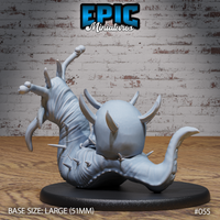 Rear of a large slug creature showing a smooth domed skull-shaped shell with twin curving horns, a tapering tail, and spines along the underside. Grasping tentacles visible to the left side. Sculpt by Epic Miniatures.