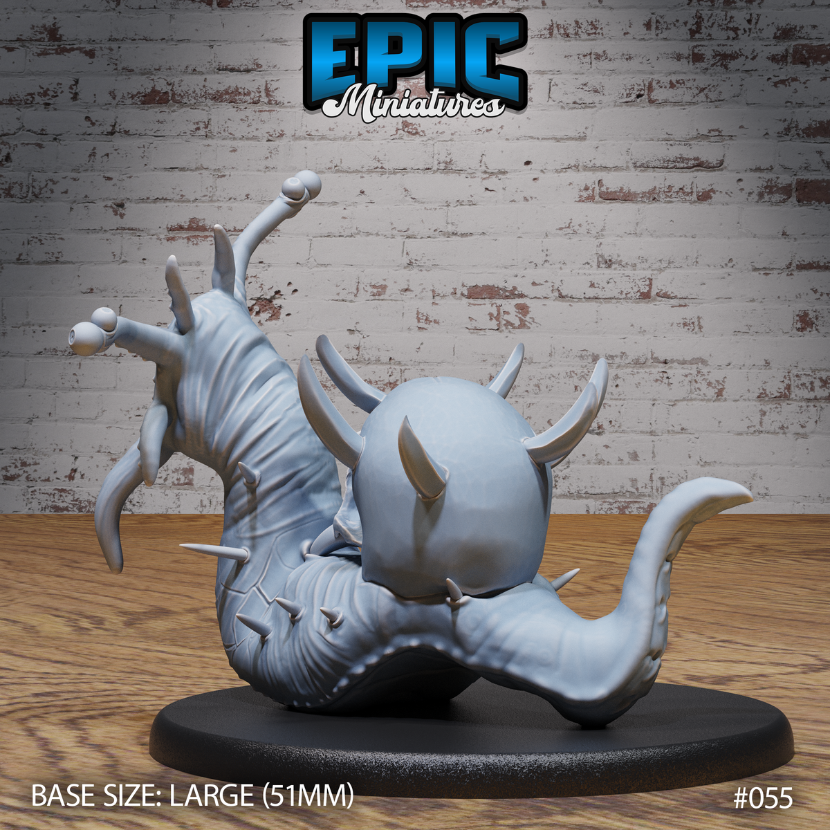 Rear of a large slug creature showing a smooth domed skull-shaped shell with twin curving horns, a tapering tail, and spines along the underside. Grasping tentacles visible to the left side. Sculpt by Epic Miniatures.