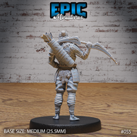 Hobgoblin Hunter miniature seen from behind, showing a loaded quiver, large travel pack strapped to his back, recurve bow carried over one shoulder, with wrapped leather leg bindings and layered armour detail. Sculpt by Epic Miniatures.