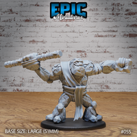 Stone Golem miniature in a wide braced stance, one fist driving forward and the other swinging a heavy studded club outward, angular fractured stone body with a flowing sash, Epic Miniatures.
