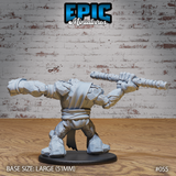 Stone Golem miniature viewed from behind and below, heavy studded club extended horizontally, angular stone-plate arms and torso clearly visible, flowing cloth sash wrapped around the waist, Epic Miniatures.