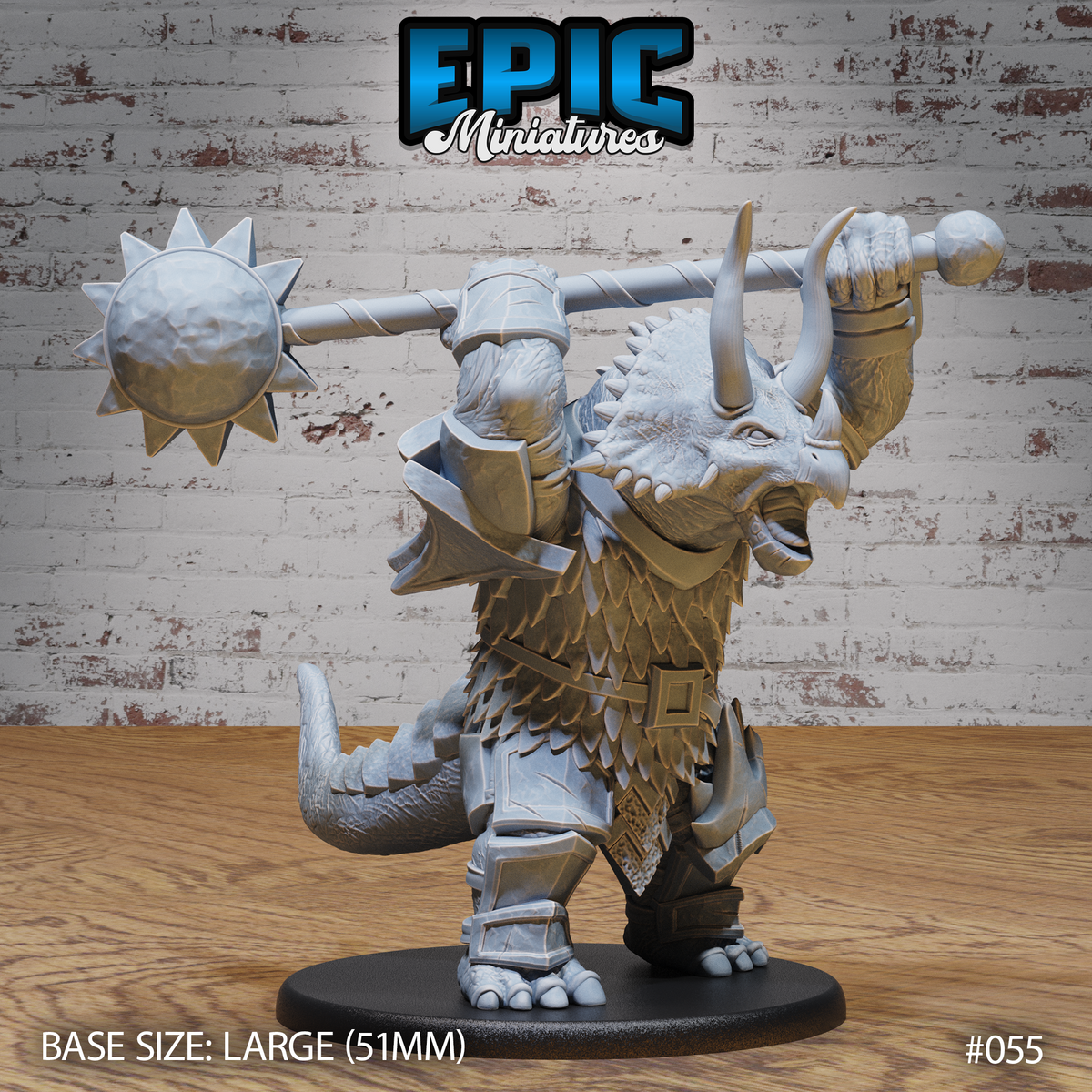 Stocky armoured triceratops folk warrior facing forward, snarling, with a double-ended mace resting across both shoulders. Heavy plate armour over feathered, scaly hide. Sculpt by Epic Miniatures.