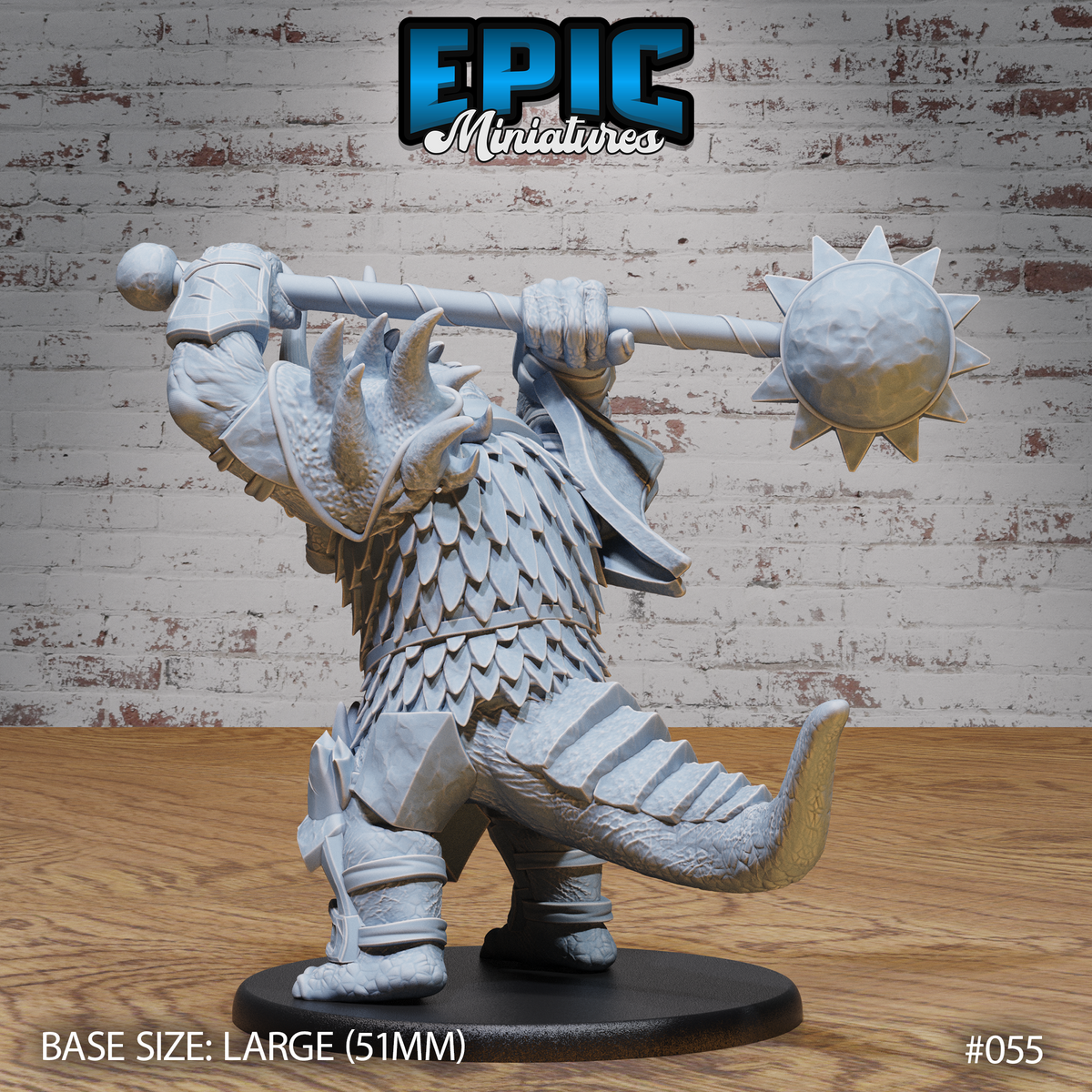 Armoured triceratops folk warrior seen from behind, gripping a long double-ended mace overhead, showing articulated tail armour, feathered back scales, and greaved legs. Sculpt by Epic Miniatures.