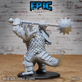 Armoured triceratops folk warrior seen from behind, gripping a long double-ended mace overhead, showing articulated tail armour, feathered back scales, and greaved legs. Sculpt by Epic Miniatures.
