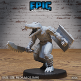 Alligator folk warrior facing forward, jaws open wide, raising a serrated crocodilian-toothed blade in one hand and a riveted wooden plank shield in the other. Leather armour and rope belt. Sculpt by Epic Miniatures.