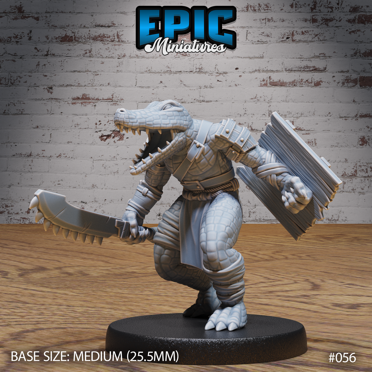 Alligator folk warrior facing forward, jaws open wide, raising a serrated crocodilian-toothed blade in one hand and a riveted wooden plank shield in the other. Leather armour and rope belt. Sculpt by Epic Miniatures.