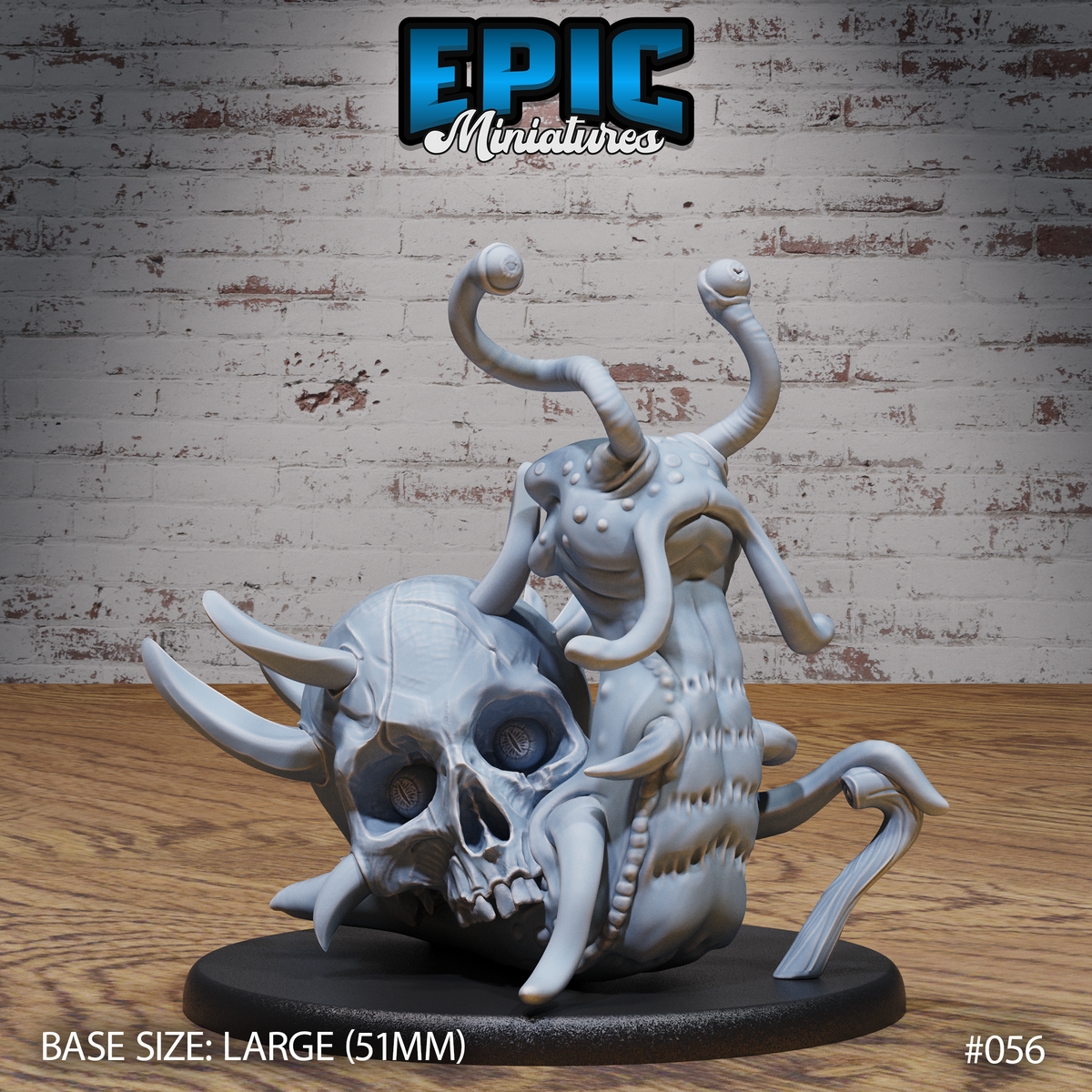 Bulbous snail-bodied creature rearing over a large horned skull base, with four writhing eyestalk tentacles above and segmented legs below — Carrion Snail Elder by Epic Miniatures.
