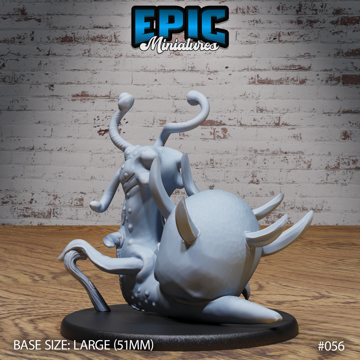 Rear view of the Carrion Snail Elder showing the smooth swollen gastropod body, coiling tentacles, and horned skull undercarriage with trailing claw-like appendages — by Epic Miniatures.