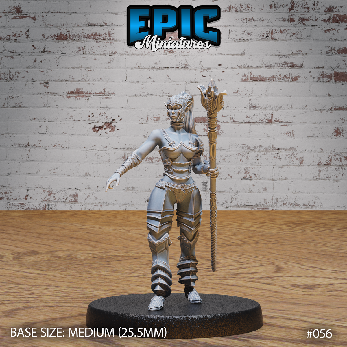Female dark elf gladiator standing upright, holding an ornate carved staff raised in her right hand, left hand extended. Articulated leg armour, corset-style torso plate with elven scrollwork. Sculpt by Epic Miniatures.