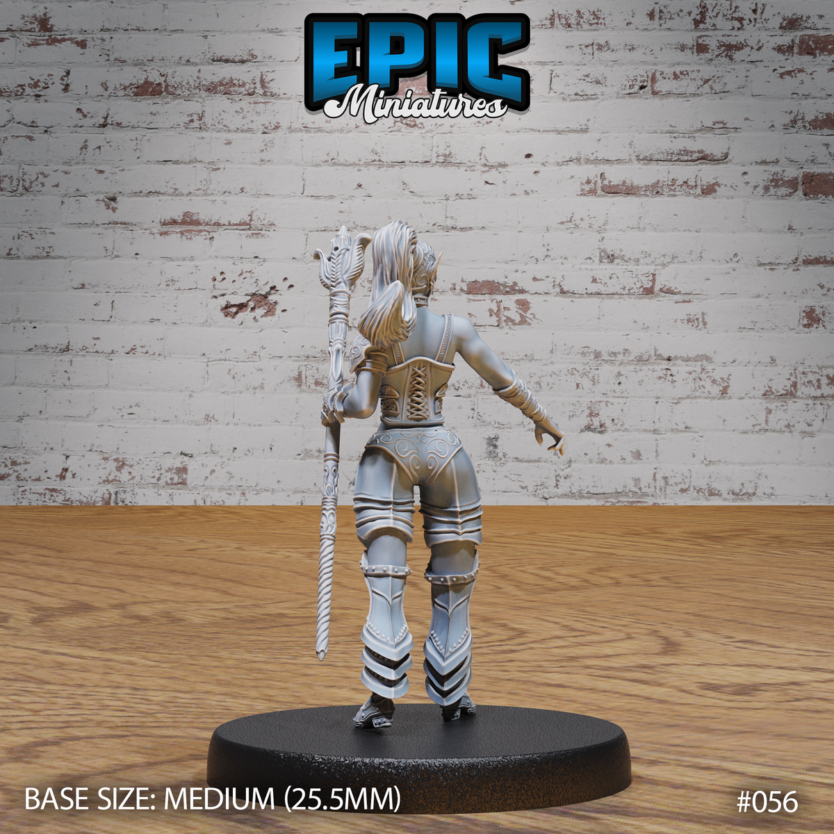 Female dark elf gladiator seen from behind, long hair falling over shoulders, laced corset back piece and detailed leg armour visible, ornate staff held at her side. Plain oval base. Sculpt by Epic Miniatures.