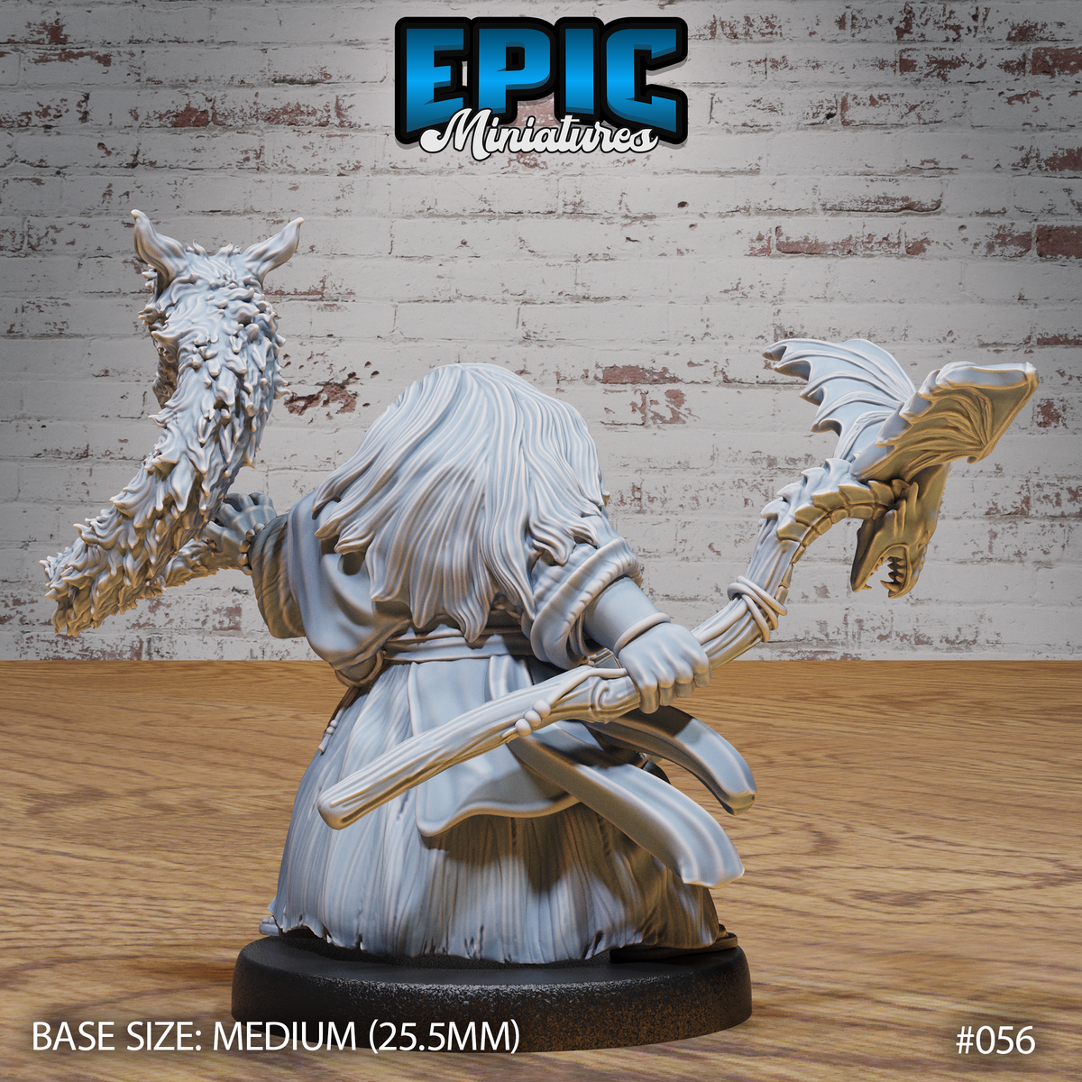 Bearded dwarf mage viewed from behind, gripping two ornate bone-and-dragon-claw staves, one raised over each shoulder. Voluminous layered robes cascade to the base. Shaggy beast skull and winged dragon skull visible. Sculpt by Epic Miniatures.