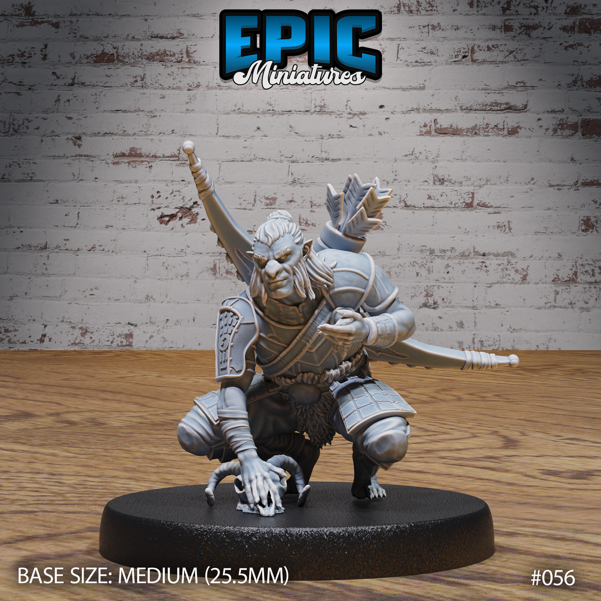 Crouching hobgoblin hunter gripping a small skull in one hand, pressing the other to the ground, with crossed blades and a feathered quiver across his back. Riveted pauldrons, fur-trimmed waist, bare clawed feet. Sculpt by Epic Miniatures.