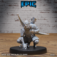 Crouching hobgoblin hunter gripping a small skull in one hand, pressing the other to the ground, with crossed blades and a feathered quiver across his back. Riveted pauldrons, fur-trimmed waist, bare clawed feet. Sculpt by Epic Miniatures.