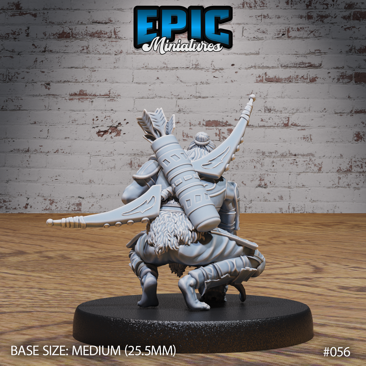 Hobgoblin hunter seen from behind in a low crouch, revealing a large cylindrical quiver of arrows, crossed blades, layered back armour, and a fur-trimmed lower body with bare clawed feet. One arm raised, skull in hand. Sculpt by Epic Miniatures.