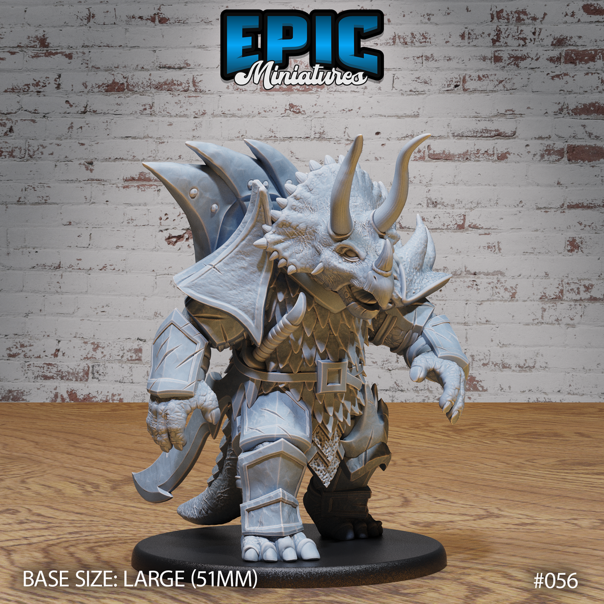 Stocky armoured triceratops folk warrior facing forward, three curved horns on a ridged skull, wearing layered chest plate with feather-like relief, large left pauldron, and an ornate belt. Sculpt by Epic Miniatures.