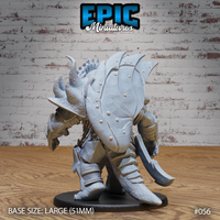 Armoured triceratops folk warrior viewed from behind, revealing a large domed riveted shield across the back, scale-textured legs in plate greaves, and a curved blade at the hip. Sculpt by Epic Miniatures.