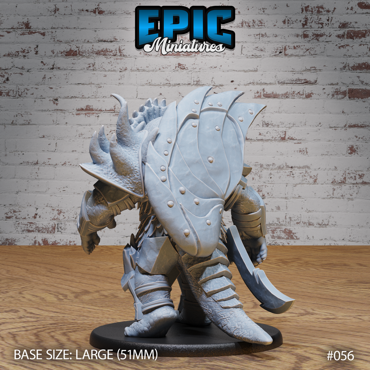 Armoured triceratops folk warrior viewed from behind, revealing a large domed riveted shield across the back, scale-textured legs in plate greaves, and a curved blade at the hip. Sculpt by Epic Miniatures.