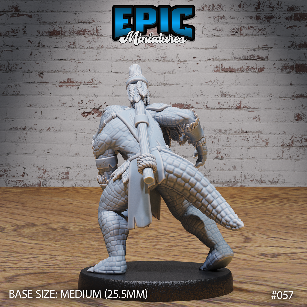 Alligator folk shaman viewed from behind, showing a thick scaled tail, rope-bound torso, crossed staff strapped to the back, and a rope-knotted topknot rising from the crown. Sculpt by Epic Miniatures.