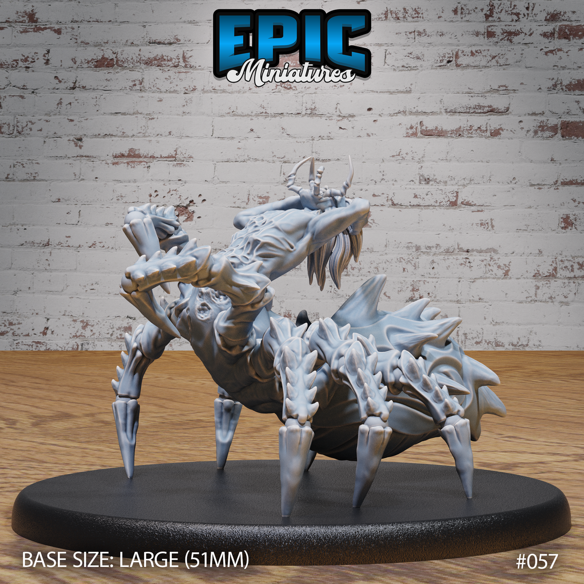 Drider Folk Mutating miniature by Epic Miniatures: humanoid torso with clawing arms lunging forward atop a large chitinous spider body with six razor-tipped legs, 51mm base.