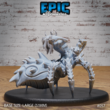 Drider Folk Mutating miniature by Epic Miniatures: long-haired horned humanoid upper body twisting backward, smooth skin contrasting against overlapping scaled spider abdomen and articulated legs.