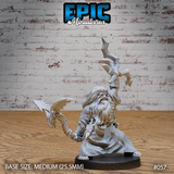 White-bearded dwarf mage thrusting a crackling lightning bolt overhead with one hand, gripping a dragon-headed coiling staff in the other, wearing layered flowing robes and amulets. Sculpt by Epic Miniatures.